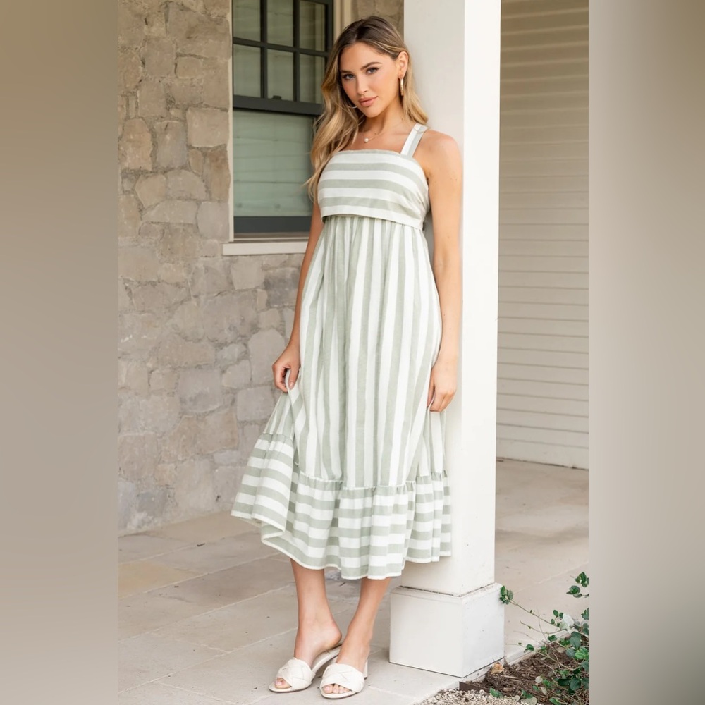 Baltic Born Soren Sage and White Striped Midi Dress
